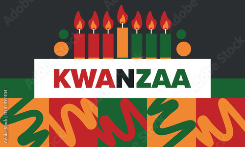 Kwanzaa Happy Celebration. African and African-American culture holiday. Seven days festival, celebrate annual from December 26 to January 1. Black history. Poster, card, banner and background. Vector