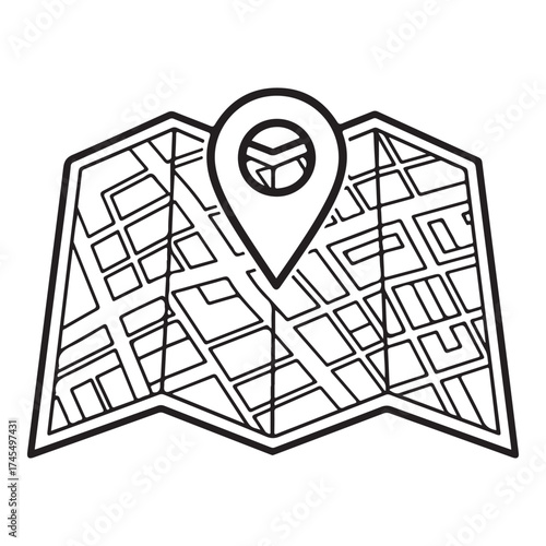 A handdrawn map with a location pin marker indicating a specific point of interest on the map