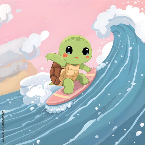 Cute Kawaii Turtle Surfing on Big Wave – Adorable Sea Animal Cartoon Illustration