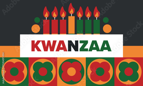 Kwanzaa Happy Celebration. African and African-American culture holiday. Seven days festival, celebrate annual from December 26 to January 1. Black history. Poster, card, banner and background. Vector