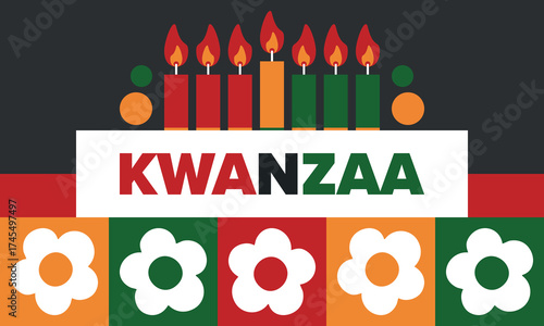 Kwanzaa Happy Celebration. African and African-American culture holiday. Seven days festival, celebrate annual from December 26 to January 1. Black history. Poster, card, banner and background. Vector