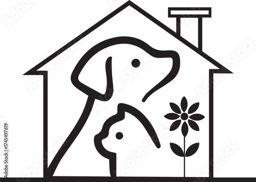 Monoline Pet Care Logo Dog and Cat Heads Inside a House Outline with Flower, Veterinary or Boarding Home Symbol Vector, Minimalist Black and White Animal Shelter Icon,