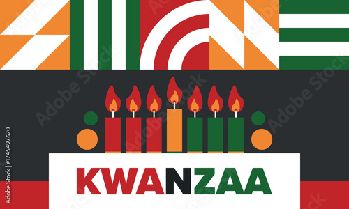 Kwanzaa Happy Celebration. African and African-American culture holiday. Seven days festival, celebrate annual from December 26 to January 1. Black history. Poster, card, banner and background. Vector