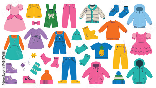 Assortment of colorful cartoon children's clothing and accessories scattered on a white background