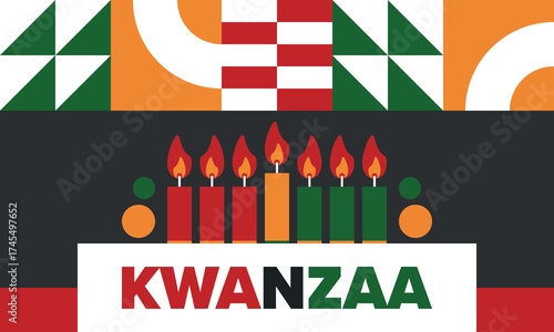 Kwanzaa Happy Celebration. African and African-American culture holiday. Seven days festival, celebrate annual from December 26 to January 1. Black history. Poster, card, banner and background. Vector