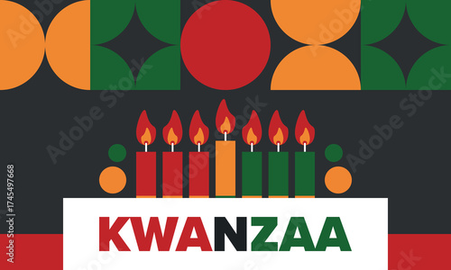 Kwanzaa Happy Celebration. African and African-American culture holiday. Seven days festival, celebrate annual from December 26 to January 1. Black history. Poster, card, banner and background. Vector