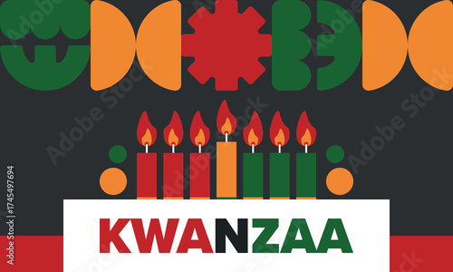 Kwanzaa Happy Celebration. African and African-American culture holiday. Seven days festival, celebrate annual from December 26 to January 1. Black history. Poster, card, banner and background. Vector