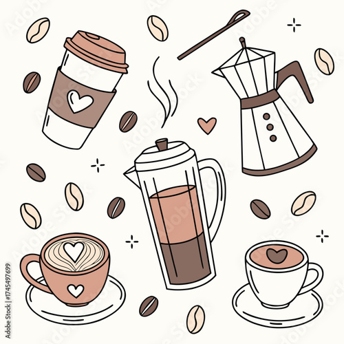 Hand drawn doodle style coffee set with mugs beans french press moka pot and takeaway cup illustration