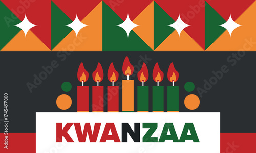 Kwanzaa Happy Celebration. African and African-American culture holiday. Seven days festival, celebrate annual from December 26 to January 1. Black history. Poster, card, banner and background. Vector