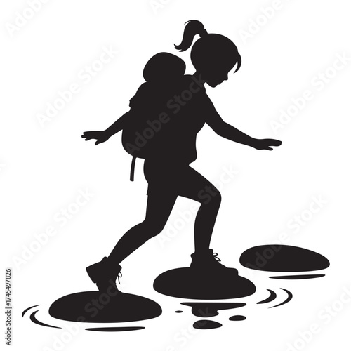 Young girl with backpack crossing water on stepping stones silhouette