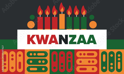 Kwanzaa Happy Celebration. African and African-American culture holiday. Seven days festival, celebrate annual from December 26 to January 1. Black history. Poster, card, banner and background. Vector