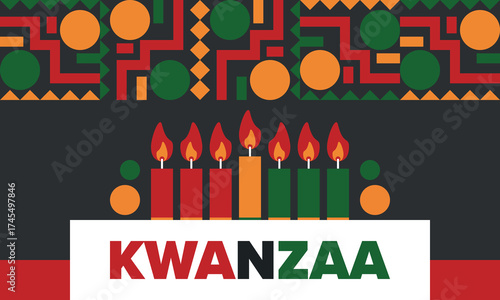 Kwanzaa Happy Celebration. African and African-American culture holiday. Seven days festival, celebrate annual from December 26 to January 1. Black history. Poster, card, banner and background. Vector