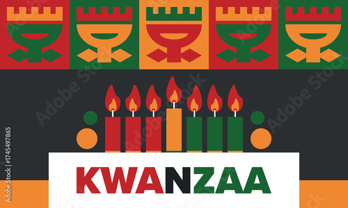 Kwanzaa Happy Celebration. African and African-American culture holiday. Seven days festival, celebrate annual from December 26 to January 1. Black history. Poster, card, banner and background. Vector