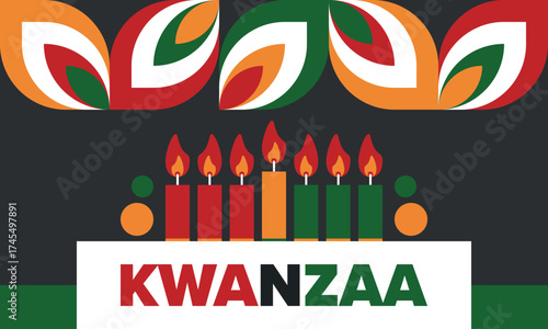 Kwanzaa Happy Celebration. African and African-American culture holiday. Seven days festival, celebrate annual from December 26 to January 1. Black history. Poster, card, banner and background. Vector