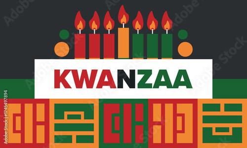Kwanzaa Happy Celebration. African and African-American culture holiday. Seven days festival, celebrate annual from December 26 to January 1. Black history. Poster, card, banner and background. Vector