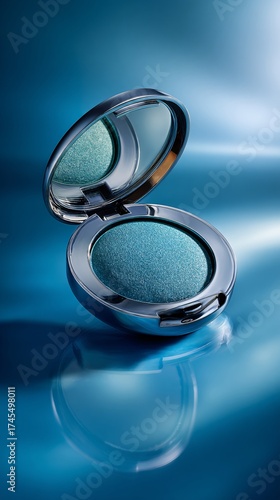 Wallpaper Mural shimmering teal blue eyeshadow compact with mirror on reflective surface Torontodigital.ca