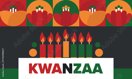 Kwanzaa Happy Celebration. African and African-American culture holiday. Seven days festival, celebrate annual from December 26 to January 1. Black history. Poster, card, banner and background. Vector