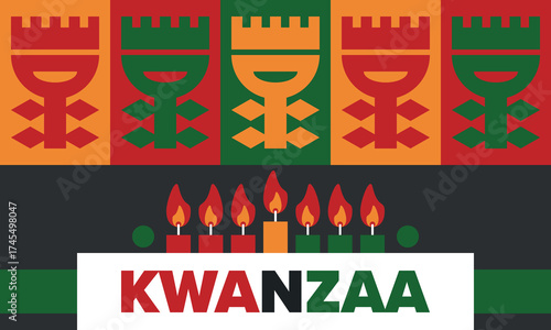 Kwanzaa Happy Celebration. African and African-American culture holiday. Seven days festival, celebrate annual from December 26 to January 1. Black history. Poster, card, banner and background. Vector
