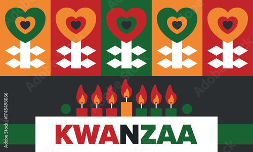 Kwanzaa Happy Celebration. African and African-American culture holiday. Seven days festival, celebrate annual from December 26 to January 1. Black history. Poster, card, banner and background. Vector