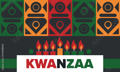 Kwanzaa Happy Celebration. African and African-American culture holiday. Seven days festival, celebrate annual from December 26 to January 1. Black history. Poster, card, banner and background. Vector