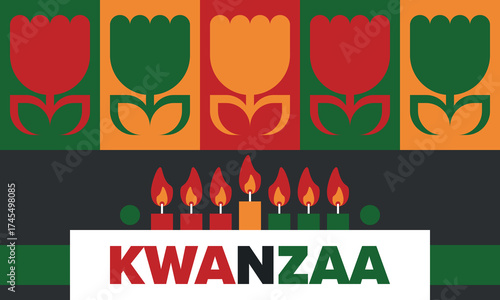 Kwanzaa Happy Celebration. African and African-American culture holiday. Seven days festival, celebrate annual from December 26 to January 1. Black history. Poster, card, banner and background. Vector