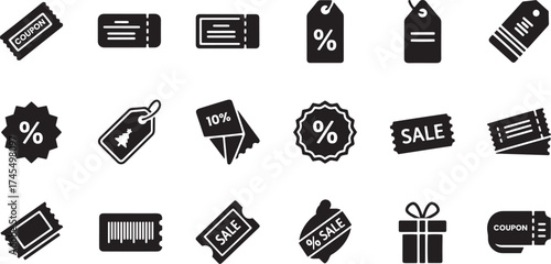 Solid black silhouette icon set for retail and e-commerce discounts, featuring percentage coupons, various tear-off tickets, circular badges, promotional tags, and a gift box symbol.