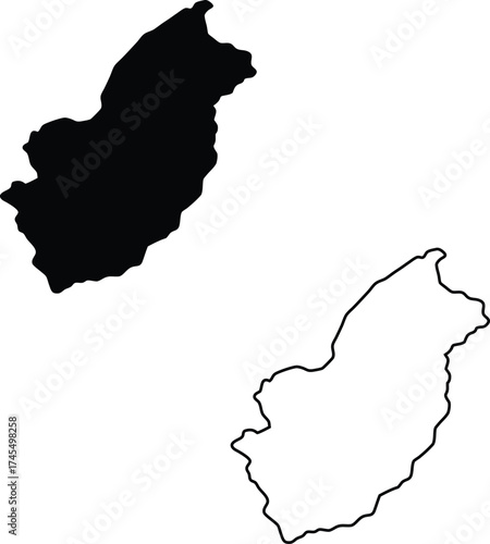 A distinct black silhouette map and its corresponding outline show the boundaries of an unidentified territory