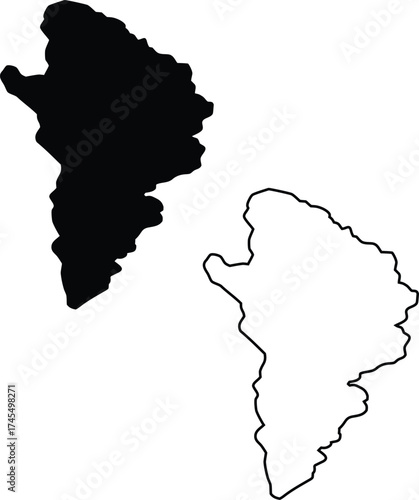 A solid black silhouette and a matching outline illustrate the unique shape of a geographical region