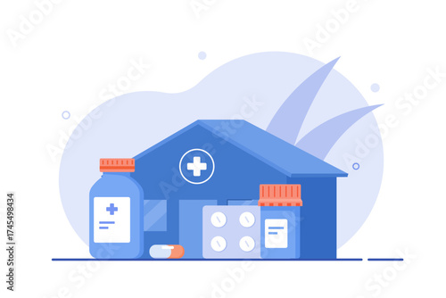 Illustration of a medical building or pharmacy with a cross symbol, flanked by large medicine bottles, a capsule, and a blister pack, representing healthcare services and pharmaceutical dispensing.