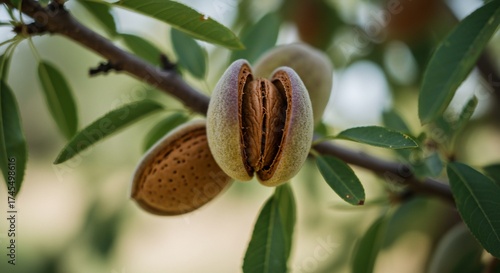 Almond fruit on branch close up