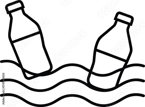 Two plastic bottles floating on wavy water lines on white background vector illustration