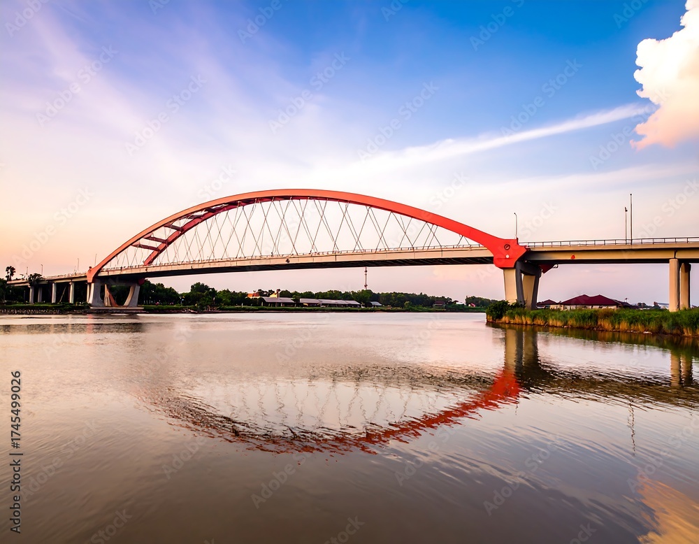Obraz premium Red arch bridge spanning tranquil river at sunset