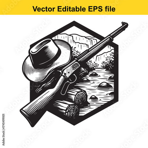 Vector art of a rifle and cowboy hat near logs and a stream in a hexagonal frame