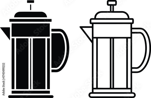 French Press Coffee Maker Icon Set Black and White Vector Graphics (16