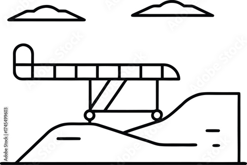 Outline drawing of a plane on a ramp with rolling hills and clouds airplane aircraft