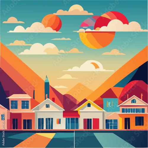 Colorful townscape with mountains and hot air balloons