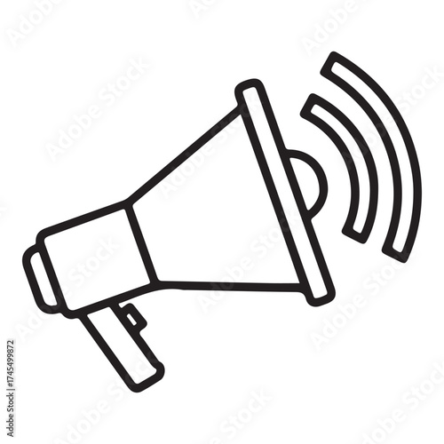 A simple line drawing of a megaphone emitting sound waves, isolated on a