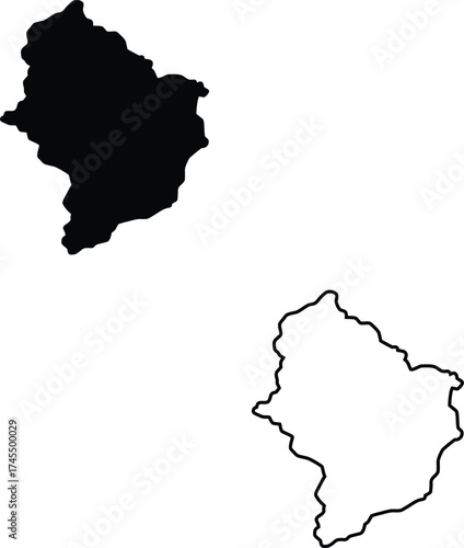 Black silhouette and precise outline map of a geographical region displayed on a crisp white background