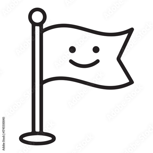 A simple black and white line drawing of a flag with a smiley face on it