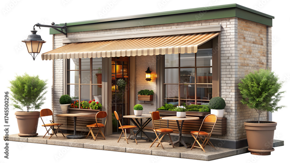 Obraz Charming cafe with outdoor seating isolated on transparent background a cozy cafe with a striped awning, tables, chairs, and potted plants