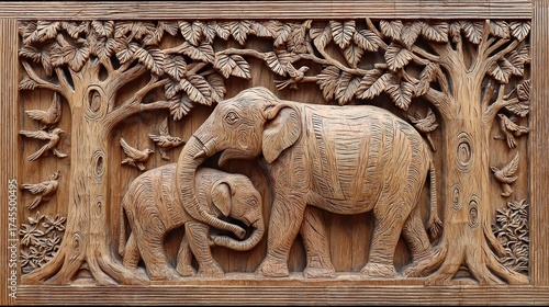 A wooden relief carving depicting two elephants, a parent and child, amidst trees and birds