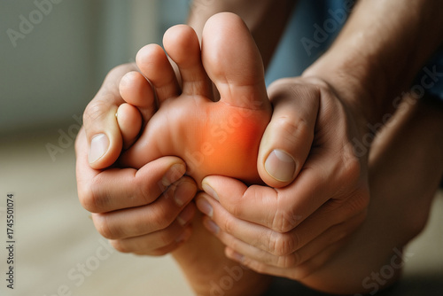 Foot Pain, Close-up of Man Massaging Sole with Plantar Fasciitis