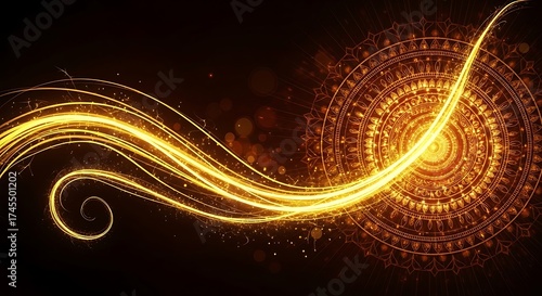 Golden light trails swirling around a central point of radiant energy and glow