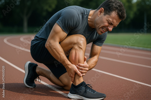 Runner Suffering from Calf Muscle Pain, A Cramp or Injury on a Track
