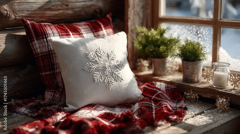 Obraz premium Coperta con un cuscino bianco decorato con un grande fiocco di neve ricamato, che richiama l’atmosfera natalizia o invernale.