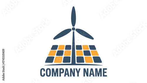 Modern renewable energy logo design featuring wind turbine and solar panels concept