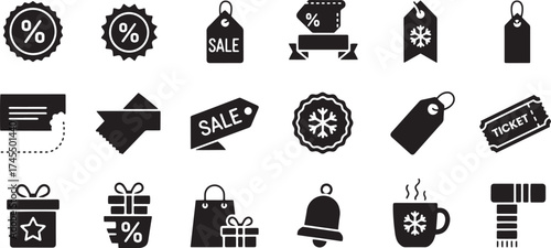 Solid black silhouette icons for winter shopping and sales events, featuring percentage badges, various sale tags, ribbons, gift boxes, hot beverages, and cold-weather accessories.