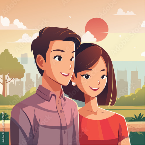 Couple enjoying sunset view of city skyline