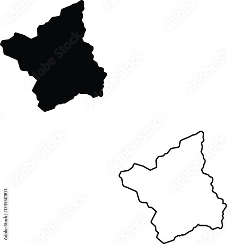 Unique black silhouette and corresponding outline illustrating an unidentified geographic area on a white backdrop