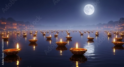 Diyas float on the river under the moonlight, creating a magical ambiance